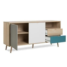 Cuba Dynamic24 - Comò in rovere chiaro con petrolio, colore: bianco e grigio Tricolor, 150 x 71 cm