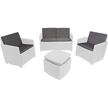DMORA 0 Set da Giardino J con Cuscini, 1 Divano + 2 Poltrone (con braccioli) + 1 Tavolino Contenitore da Esterno, Made in Italy, Bianco