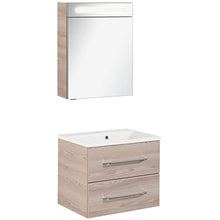 FACKELMANN B.Clever - Set di mobili da bagno, 2 pezzi, 60 cm, in frassino con lavabo in marmo e armadietto a specchio a LED