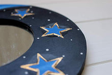 Specchio decorativo da parete sole e luna in legno blu dipinto a mano
