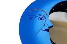Specchio decorativo da parete sole e luna in legno blu dipinto a mano