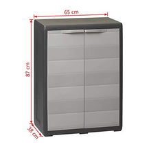 Armadietto da Giardino,Armadio Basso da Esterno in PP, Armadio per Esterni a 2 Ante 1 Ripiano Regolabile Ventilato, 65 x 38 x 87 cm,Nero e Grigio
