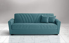 Divano 3 posti in tessuto lavabile turchese - 220 x 88 x 83h cm, vano contenitore, trasformabile in letto una piazza e mezza