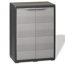 Armadietto da Giardino,Armadio Basso da Esterno in PP, Armadio per Esterni a 2 Ante 1 Ripiano Regolabile Ventilato, 65 x 38 x 87 cm,Nero e Grigio