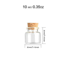 2 bottiglie di vetro da 10 ml con sughero, piccole fiale di vetro, bottiglie di stoccaggio per liquidi.