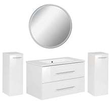Fackelmann Set di mobili da Bagno Bianco Lucido lavabo sospeso & Rotondo Specchio da Bagno a LED 80 cm 4 pz.