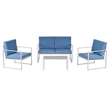 Set Salotto da Giardino Divano 2 Poltrone e Tavolino in Metallo Bianco e Blu