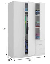 Dmora Armadio Ante e Tre cassetti con Ripiani e Barra Appendiabiti Colore Bianco, Misure in cm 121 x 51 x h180, Small