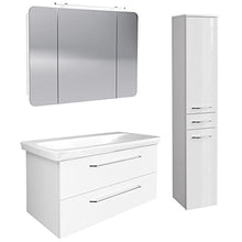FACKELMANN - Set di 4 mobili da bagno Milano, da appendere, in ceramica, 110 cm e armadietto a specchio a LED