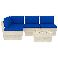 SKM Set Divani da Giardino su Pallet 5 pz con Cuscini Legno Abete (92.5kg) Blu-3490