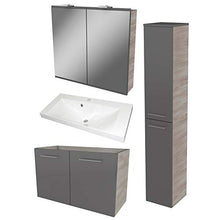 FACKELMANN Set da 4 mobili da bagno Lima, con mobiletto e lavabo in ghisa, 80 cm, con specchio a LED