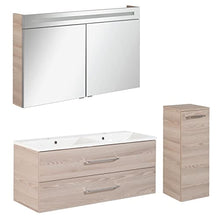 FACKELMANN B.Clever - Set di mobili da bagno, 3 pezzi, 120-150 cm, in frassino con lavabo in doppio marmo e armadietto a specchio a LED