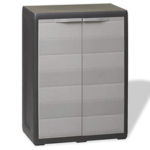 Cikonielf Armadietto da Giardino in Polipropilene con 2 Porte e 1 Ripiano Regolabile Ventilato,Armadio da Giardino Basso con Scanalature di Scolo,65 x 38 x 87 cm,Nero e Grigio