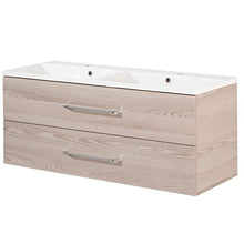 FACKELMANN B.Clever - Set di mobili da bagno, 3 pezzi, 120-150 cm, in frassino con lavabo in doppio marmo e armadietto a specchio a LED