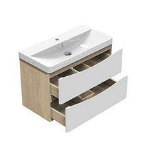 Xinyang Mobile da bagno sospeso 80 cm bianco + rovere con doppi cassetti e lavabo in pietra artificiale bianca