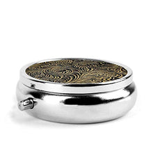 Scatola rotonda per medicina portatile, mini portapillole in metallo, dispenser per pillole tascabili, borsa da viaggio, design damascato floreale nero e oro