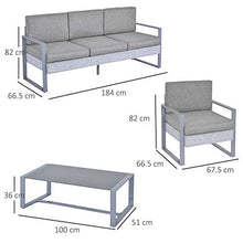 Outsunny Salotto da Giardino Set 4 Pezzi Mobile da Giardino con Tavolino, Divano 3 Posti, 2 Poltrone e Cuscini, Alluminio e Vetro Grigio