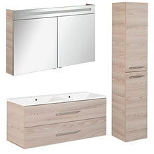FACKELMANN B.Clever - Set di mobili da bagno, 3 pezzi, 120-150 cm, in frassino con lavabo e vasca in marmo, con specchio a LED