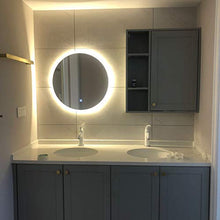 Specchio da bagno intelligente touch screen antiappannante specchio luminoso a led specchio rotondo con luce di cortesia, visualizzazione del tempo e della temperatura regolazione a tre colori