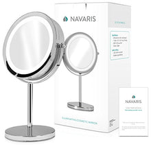 Navaris specchio ingrandente rotondo con LED - ingranditore 5x per il trucco rasatura da appoggio con luce integrata 17 LED - girevole 360° argento