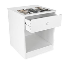 Leomark comodino classico per cameretta con cassetto e scompartimento apertoin, cassettiera per bambini in legno, colore bianco con motivo GATTI, dimensioni: 34cm x 33,5cm x 40cm (LxPxA)