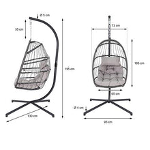 ECD Germany Sedia Sospesa con Supporto e Cuscino per Giardino Balcone Colore Grigio Sedia Appesa con Telaio in Acciaio e Cuscino Poltrona Sospesa in Polyrattan con Cuscino Seduta Pieghevole da Esterno