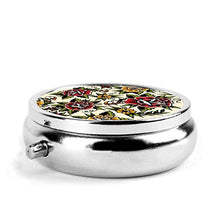 Scatola rotonda per medicina portatile, mini pillole in metallo, dispenser per pillole per borsa da tasca, borsa da viaggio, regalo con fiori tatuaggio