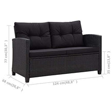 SKM Divano da Giardino 2 Posti con Cuscini Nero 124 cm Polyrattan