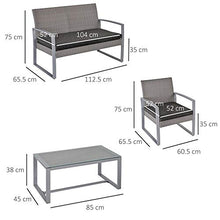 Set Salotto da Giardino Divano 2 Poltrone e Tavolino in Metallo e Rattan Grigio