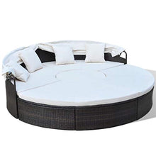 Divano componibile modulare da esterno rotondo per mobili da giardino con baldacchino retrattile, set di divani componibili in rattan in vimini PE per giardino con prato e piscina sul retro