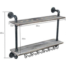 FURVOKIA - Scaffale da parete per vino industriale, rustico, con supporto in vetro, da appendere al muro, a 2 ripiani in legno, per casa, soggiorno, cucina, espositori (61 cm)