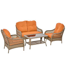 Outsunny Set Mobili da Giardino in Rattan PE con 2 Poltrone Divano a 2 Posti e Tavolo e Cuscini, Colore Khaki e Arancione