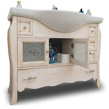 Arredo bagno in legno avorio in stile decapè con lavabo in ceramica e colonna