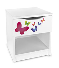 Leomark Comodino Moderno in Legno con cassetto e scompartimento apertoin, Comodino per Bambini, Colore Bianco con Motivo Farfalle, Dimensioni: 40cm x 38cm x 42cm (LxWxH)