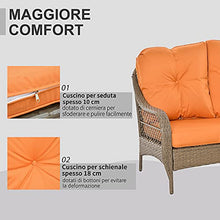 Outsunny Set Mobili da Giardino in Rattan PE con 2 Poltrone Divano a 2 Posti e Tavolo e Cuscini, Colore Khaki e Arancione