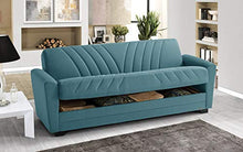 Divano 3 posti in tessuto lavabile turchese - 220 x 88 x 83h cm, vano contenitore, trasformabile in letto una piazza e mezza