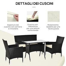 Outsunny Salotto da Giardino con Tavolo, 2 Poltrone e Divano 2 Posti, Set Mobile da Giardino in Rattan PE con Cuscini, Nero e Bianco