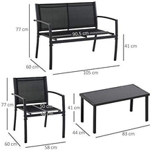 Set Salotto da Giardino Divano 2 Poltrone e Tavolino in Metallo e Tessuto Nero