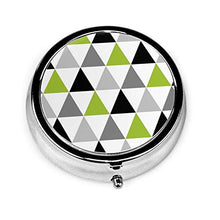 Contenitore rotondo per pillole con 3 scomparti, in metallo, per medicine, vitamine, con triangoli neri, colore: verde lime e grigio