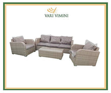 Varì Vimini - Salotto Exclusive da Giardino in Alluminio Intrecciato in Rattan Sintetico. Composto da Divano 3 posti con Cuscino, 2 poltrone con Cuscini e Un tavolino in Vetro e polyrattan