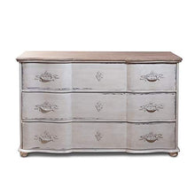 tapidecor Comò grande in legno bianco rotondo decapato con 3 cassetti 130 x 45 x 80