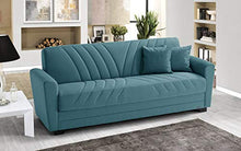 Divano 3 posti in tessuto lavabile turchese - 220 x 88 x 83h cm, vano contenitore, trasformabile in letto una piazza e mezza