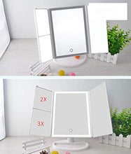 Specchio per trucco retroilluminato 38 luci a LED - Controllo della luce dello schermo Tri-Fold Ingrandimento 1X / 2X / 3X Specchio ingranditore cosmetico luminoso ad alta definizione portatile ad alt