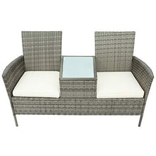 Panchina da giardino in polyrattan, con tavolo da 2 posti, con cuscini da 5 cm, colore: grigio