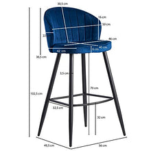 Wohnling Sgabello da bar in velluto blu con schienale, 56 x 102,5 x 52,5 cm, sgabello da cucina scandinavo, in tessuto e metallo, 110 kg, design sedia da bar, sgabello da bistrò imbottito