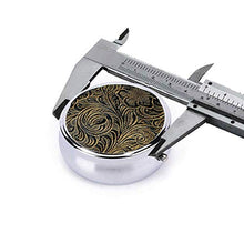 Scatola rotonda per medicina portatile, mini portapillole in metallo, dispenser per pillole tascabili, borsa da viaggio, design damascato floreale nero e oro
