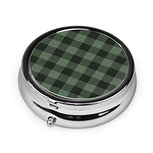 Contenitore rotondo per pillole in metallo a 3 scomparti, per medicinali e vitamine, in tartan, colore: verde scuro e nero