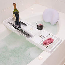 XYNB Ripiano per Vasca Antiscivolo, Carrello allungabile Impermeabile Bianco bambù con Supporto per Bicchiere di Vino e Supporto per iPad/Supporto per Libri/Vassoio per Libri, Adatto per la magg