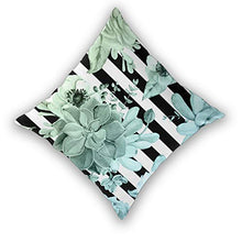 Set di 2 federe decorative per cuscini, motivo: piante grasse in giardino, blu e verde, sfumate con strisce nere.