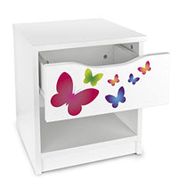 Leomark Comodino Moderno in Legno con cassetto e scompartimento apertoin, Comodino per Bambini, Colore Bianco con Motivo Farfalle, Dimensioni: 40cm x 38cm x 42cm (LxWxH)